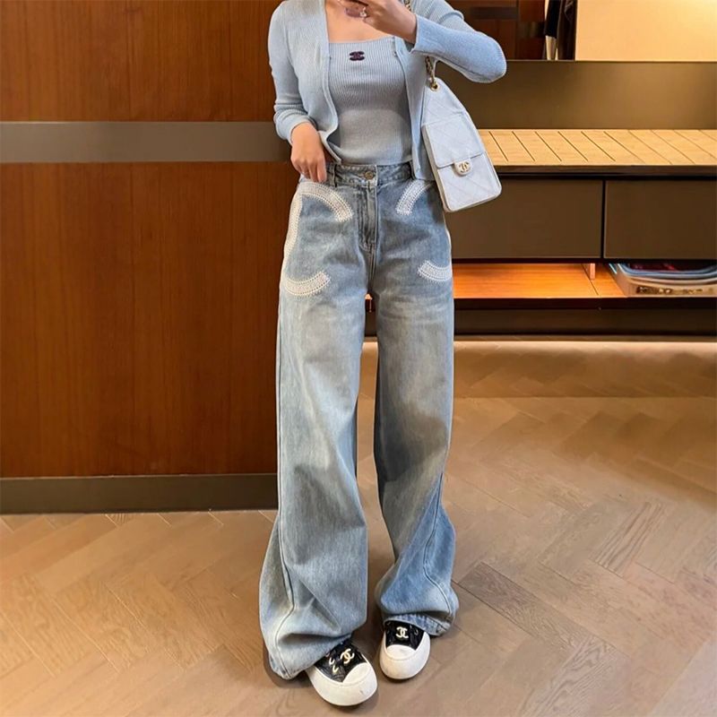 Vintage Blue Embroidered High Waist Wide Leg Denim Trousers