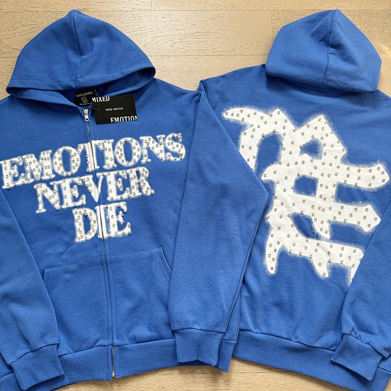MIXED EMOTION Blue Rhinestone Zip Hoodie
