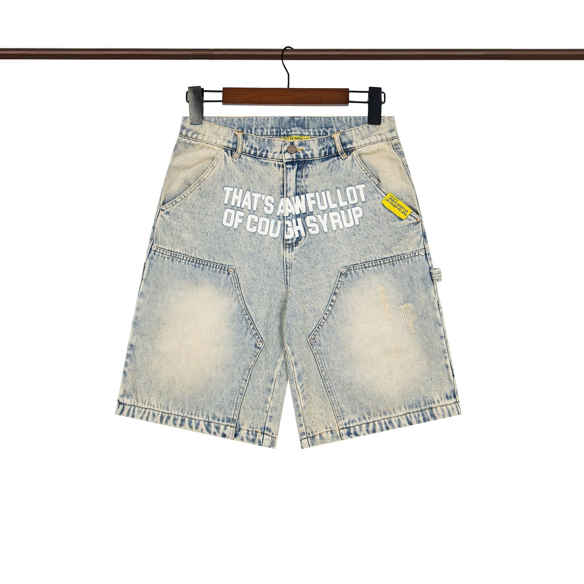 THAT'S A AWFUL LOT OF COUGH SYRUP Washed Denim Graphic Shorts