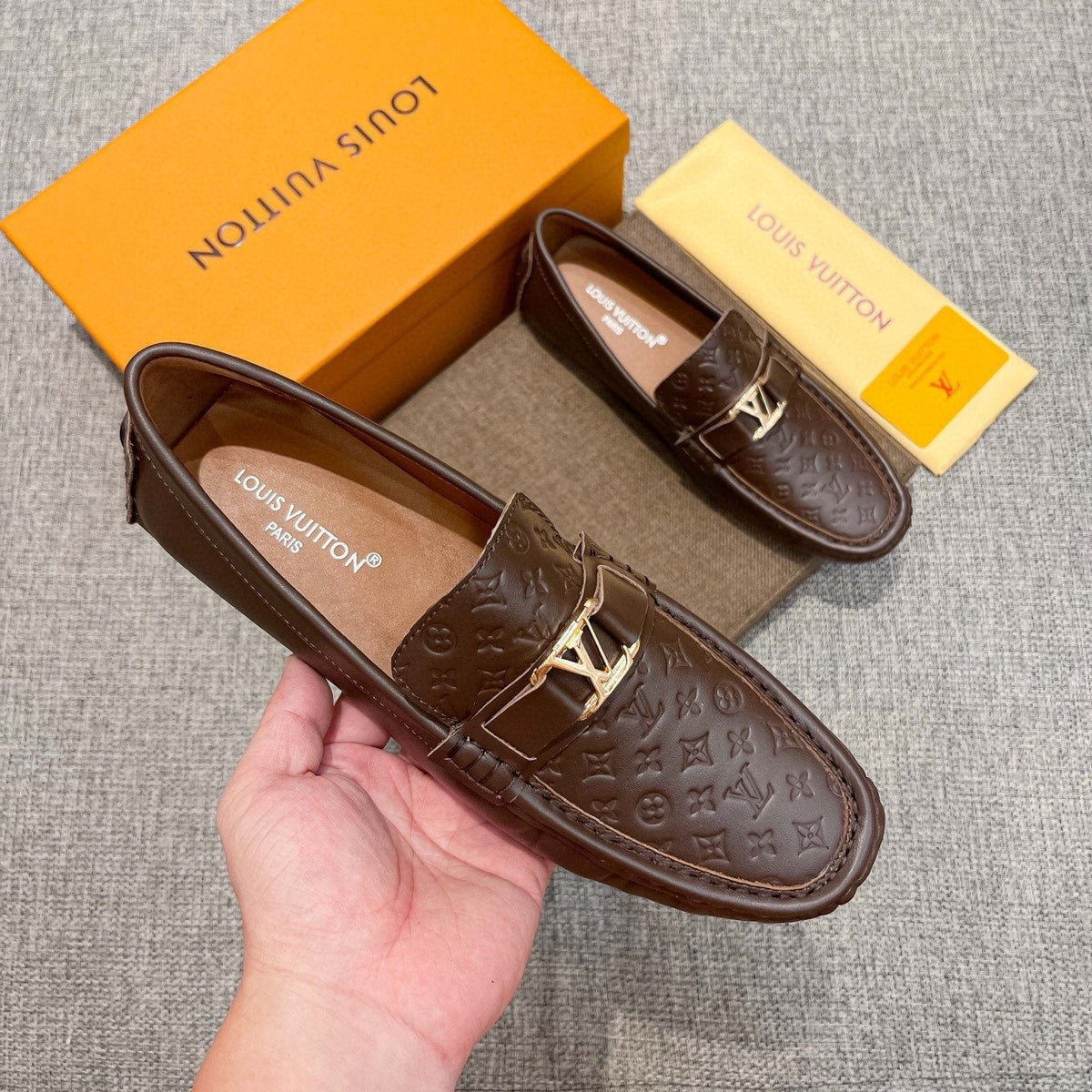 Louis Vuitton Men's Brown Embossed Hardware Loafers
