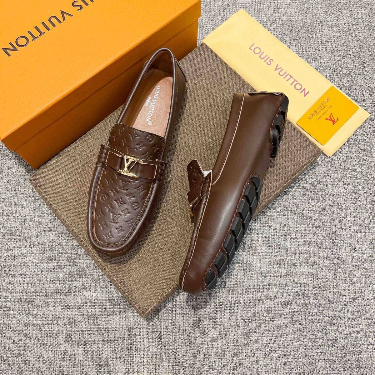 Louis Vuitton Men's Brown Embossed Hardware Loafers