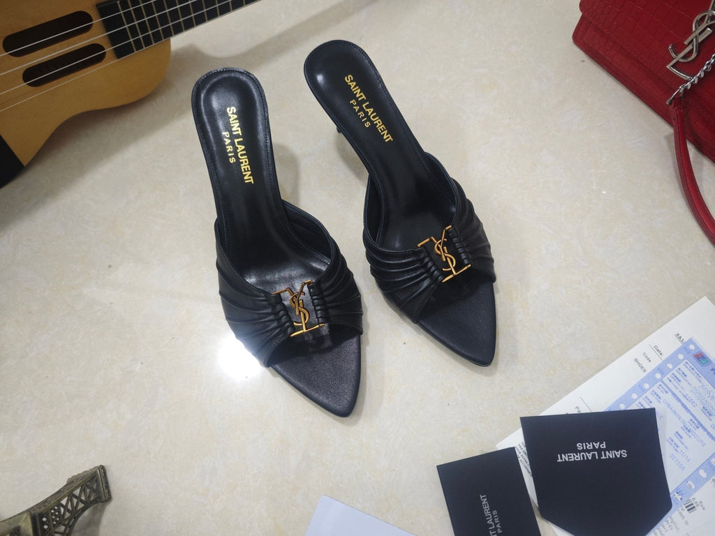 Saint Laurent Women's Ruched Logo Mule Heels